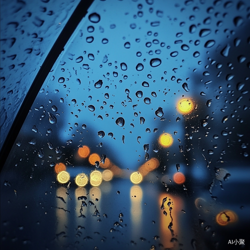 透过雨伞观街灯雨滴深蓝天空的静谧时刻