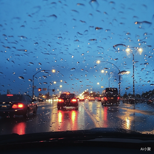 透过雨伞观街灯雨滴深蓝天空的静谧时刻