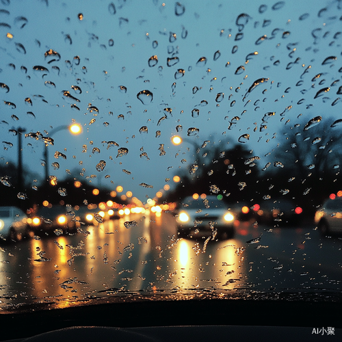 透过雨伞观街灯雨滴深蓝天空的静谧时刻