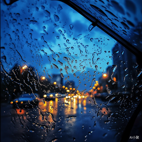 透过雨伞观街灯雨滴深蓝天空的静谧时刻