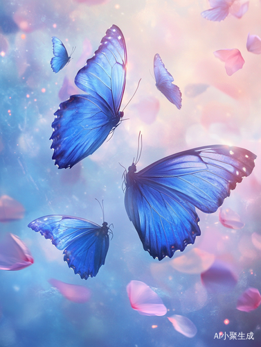 蓝色蝴蝶与花瓣构成的梦幻场景