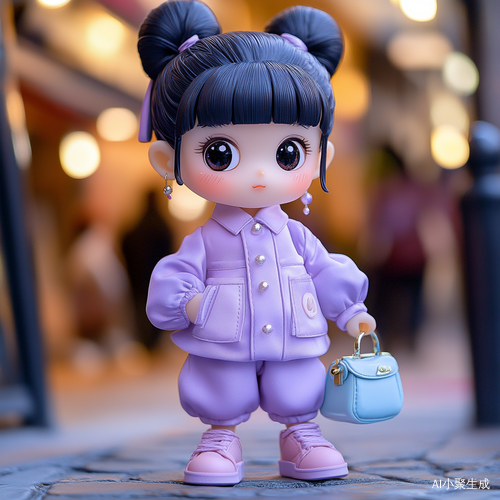 中国女孩穿紫色泡泡袖裙子与蓝色珍珠包在逛盲盒店