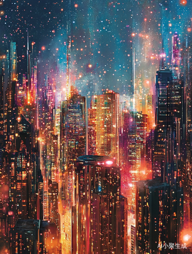 璀璨城市夜景高楼灯火与星光交辉