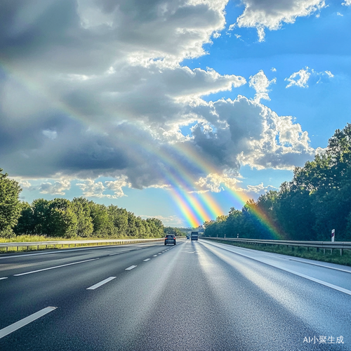 汽车视角下的公路与彩虹白云风景
