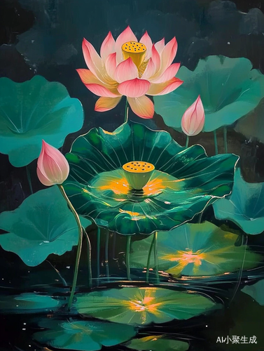 墨绿色闪光莲花与金边荷叶的闪光粉色莲花