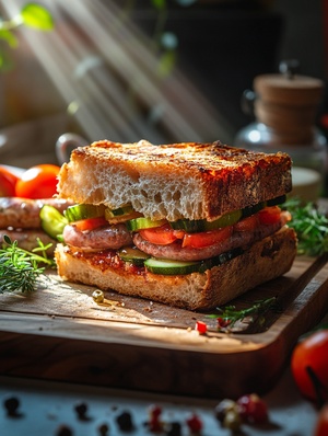 The main body of the picture is a piece of freshly baked bread with some slight burnt edges, sausages and vegetables sandwiched in the middle, placed on a wooden tray, a ray of sunlight in the early morning shines on the edge of the bread, atmospheric lighting, fine details, realism, soft and warm tones, strong sense of narrative, serenity, professional photographer lens, Nikon z5, cinematographer Stefano Scatà, cinematography style, best quality, ar 3:4, v6