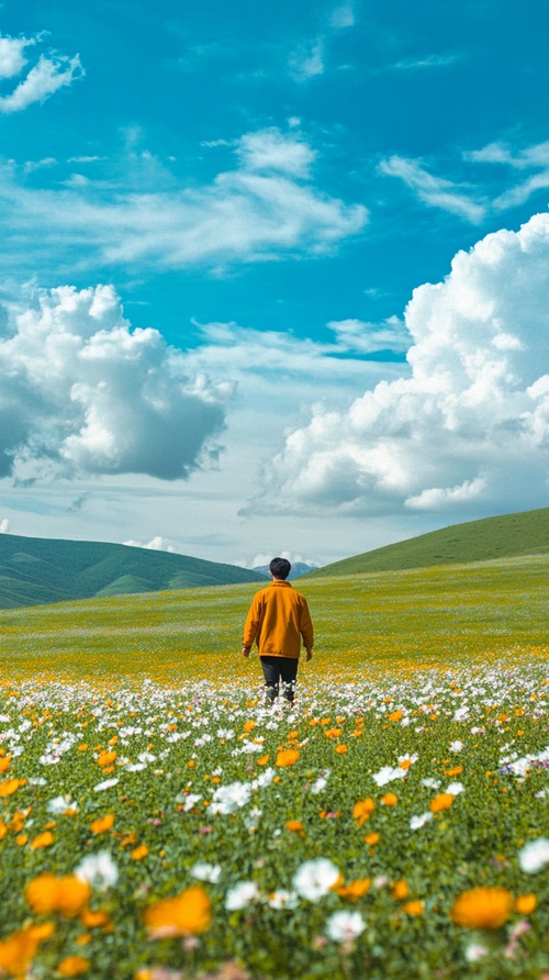 一半画面一个男人走在开满鲜花的绿色草原，画面一半天空蓝天白云