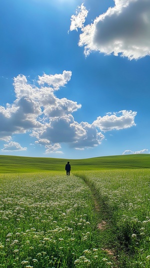 一半画面一个男人走在开满鲜花的绿色草原，画面一半天空蓝天白云