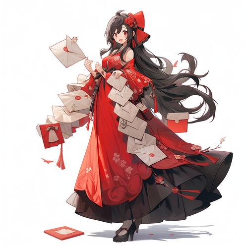 古风女孩黑色长发红包瞳孔白红汉服全身照