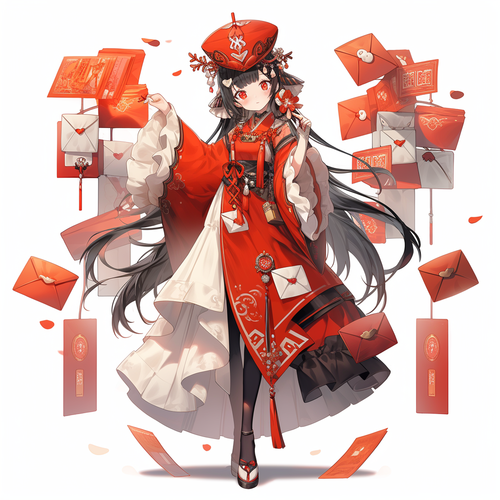 古风女孩黑色长发红包瞳孔白红汉服全身照