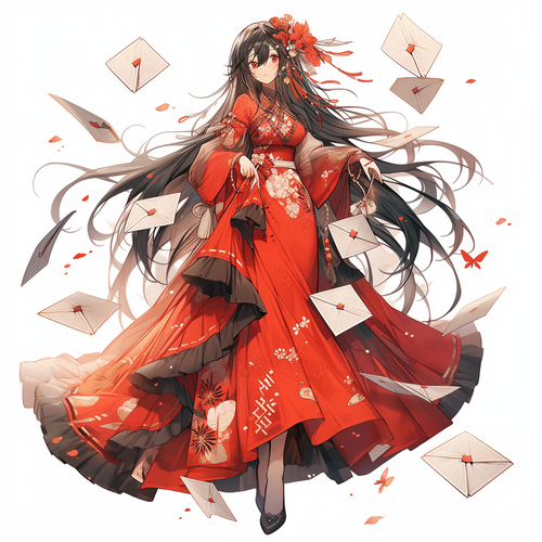 古风女孩黑色长发红包瞳孔白红汉服全身照