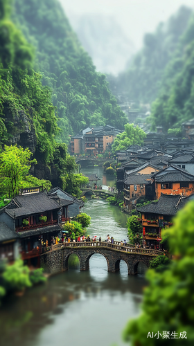 烟雨江南古建筑与青山绿水的和谐美景