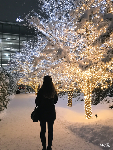 雪中圣诞灯光下的冬日办公楼与拍照女士