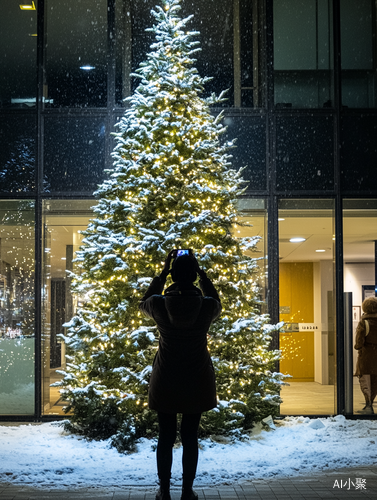 雪中圣诞灯光下的冬日办公楼与拍照女士