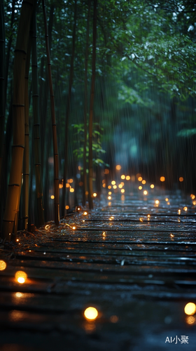 雨夜中的温暖竹林灯光