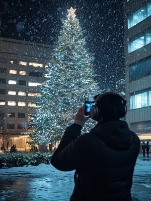 傍晚时分,日本的雪下得很大,而大雨刚刚停止。一棵高大的圣诞树在办公楼旁边亮着灯,闪耀着明亮的光芒。从后面拍照的人头上戴着耳机,穿着黑色夹克、白色衬衫和牛仔裤。他们拿出手机准备拍摄。混凝土路的两边还留有冬天的泥渍,在大树的附近可以看到一些小水坑。这张照片是在夜晚使用广角镜头拍摄的,采用了日本艺术家的风格。