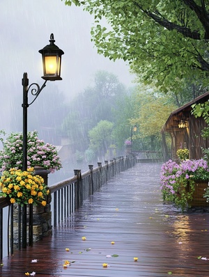 雨后阴天湿润天气的美丽街道，地板潮湿，背景中点缀着花朵，难以置信的美丽景象，乡村风格，浪漫的河畔风光，薄雾缭绕，充满敬畏与宁静的氛围。高清画质，真实拍摄