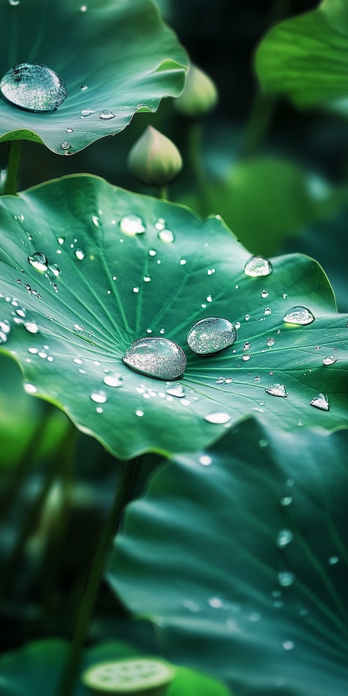 雨后的荷叶更显翠绿，晶莹的水珠在叶片上滚动，形成一只水蝴蝶，如诗如画，如梦如幻。高分辨率，超高清。