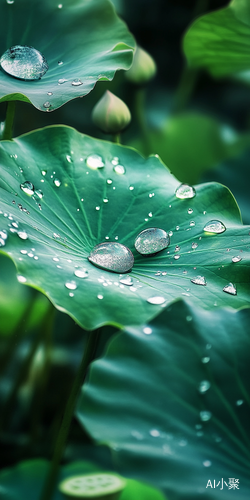 雨后荷叶翠绿水珠如梦如幻