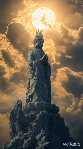 仰视地藏王菩萨云缝隙中的阳光庄严