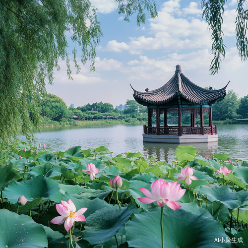 东湖夏日荷花盛开蝉鸣悠扬文人雅集