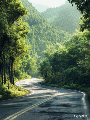 阳光下蜿蜒公路通向森林的宁静景色