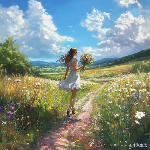 美丽草原上的姑娘与花