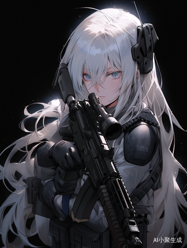 白发少女持mk14战斗步枪坚定目光在黑色背景下
