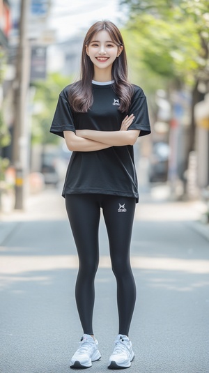 1️⃣ Korean beauty, wearing a black T-shirt with a white collar and short sleeves, leggings, a smiling expression, standing posture, a street background, a high-definition photography, a full body photo of the character wearing shorts on both legs, hands crossed over the chest, slightly sideways. The star logo is printed in front of her . ar 8:15