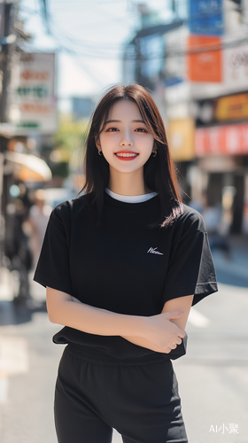 Korean Beauty in Black T-Shirt and Leggings Smiling on Street