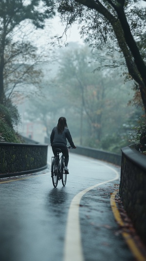 上海街道 梧桐树黄了一个女孩骑着自行车在公路弯道上 写实