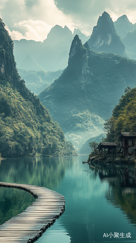宁静山水景色与民族特色建筑的和谐美