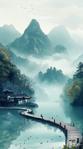 宁静山水景色与民族特色建筑的和谐美
