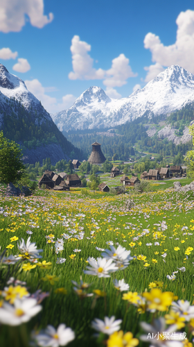 Spring Countryside with Blooming Flowers and Distant Mountains