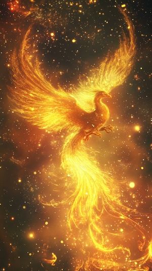 This is a picture that will glow. A golden phoenix in the dreamy starry sky,flying with wings,colorful tail,long tail trailing flame,dreamlike color,colorful light spots,behind the phoenix there is a flame,golden red flame background,many beautiful spectra,a golden flame under the body,reflected light,reflection,bright,ultra-clear,perfect detail,transparent,focused light,optical,surreal,magical fantasy,epic grandeur,perfect composition,