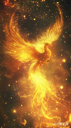 Golden Phoenix Soaring in Dreamy Starry Sky with Colorful Flames and Spectra