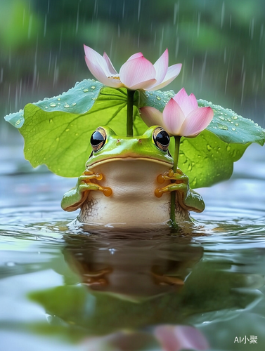 青蛙持荷叶伞坐花藤下的高清雨中画面