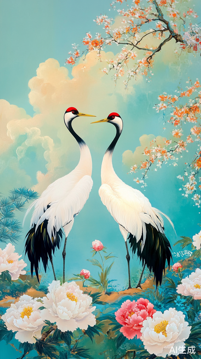 仙鹤图展示碧绿草地盛开的牡丹花和松树