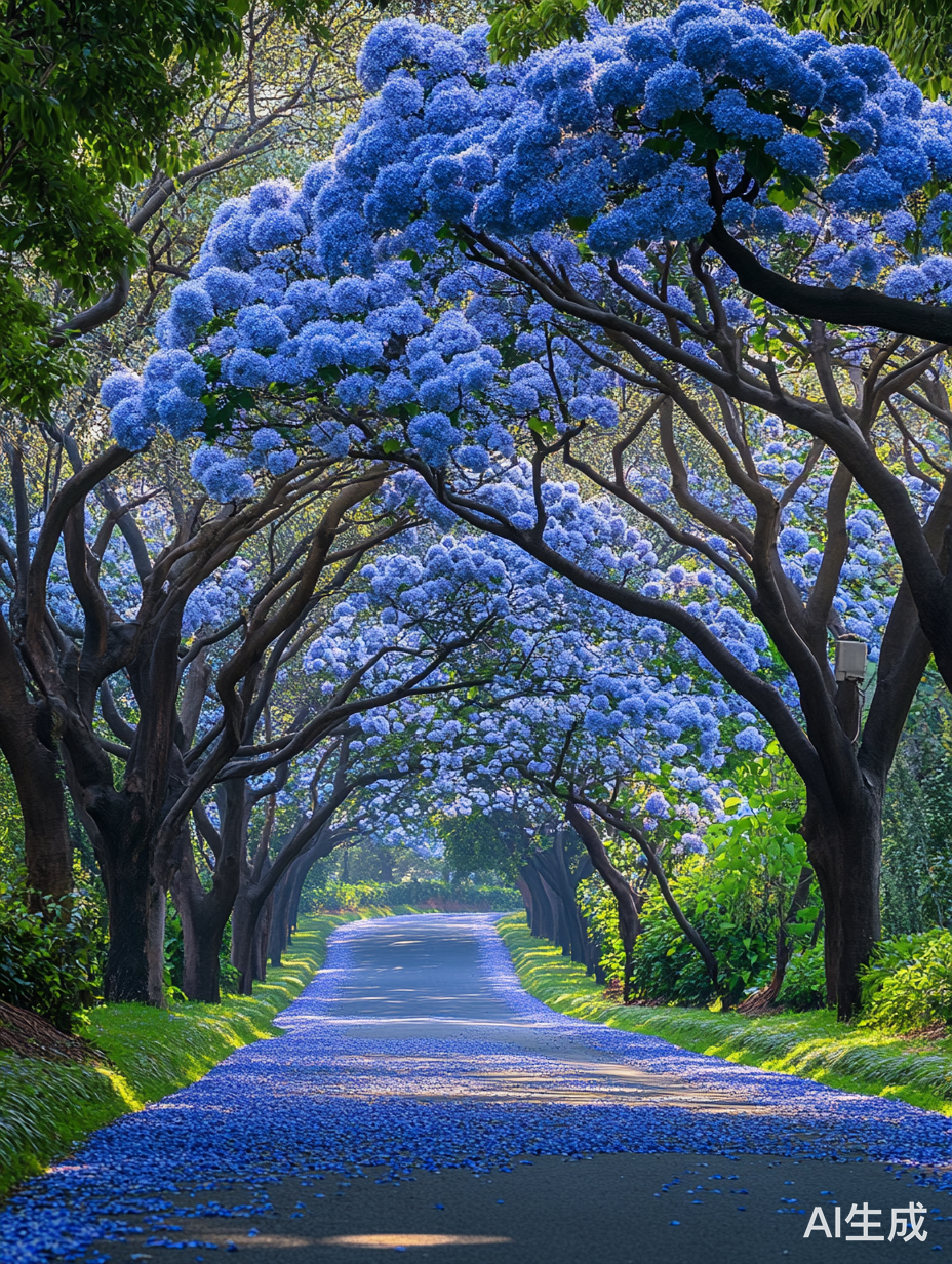 宽敞蓝花大道两旁参天大树交织成拱形美景
