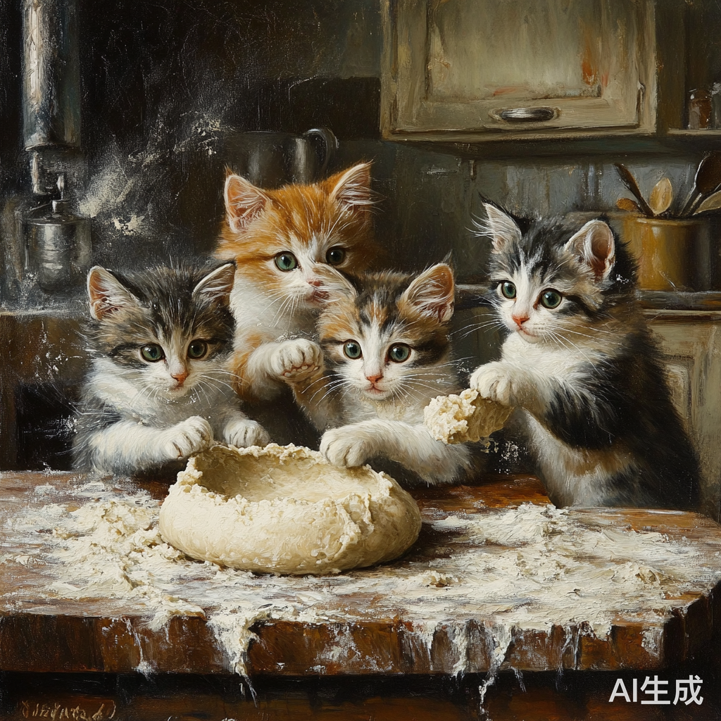 四只小猫在厨房揉面趣味场景