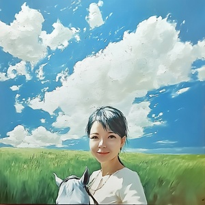 蓝天白云下骑骏马畅游绿色草原