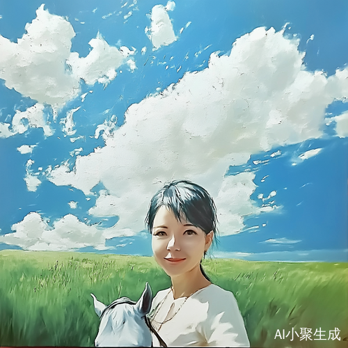 蓝天白云下骑骏马畅游绿色草原