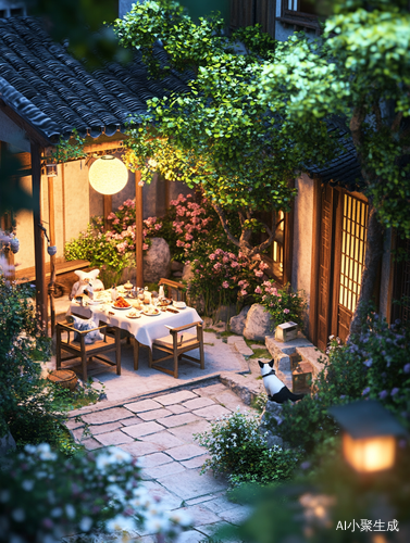 古风庭院月光下的宁静小屋与盛开花卉