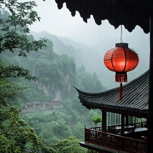 一场山雨，煮两盏茶，一栋小楼与群山寂静相悦，一盏红灯高挂……