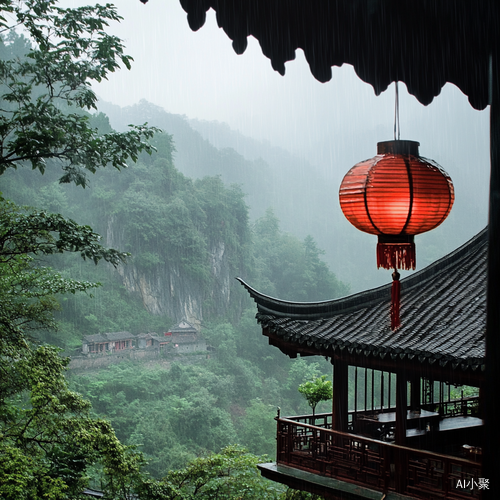 山雨中的小楼与茶香相伴