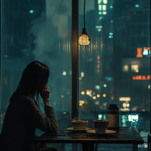 孤独女人在落地窗前喝咖啡的黑夜雨景