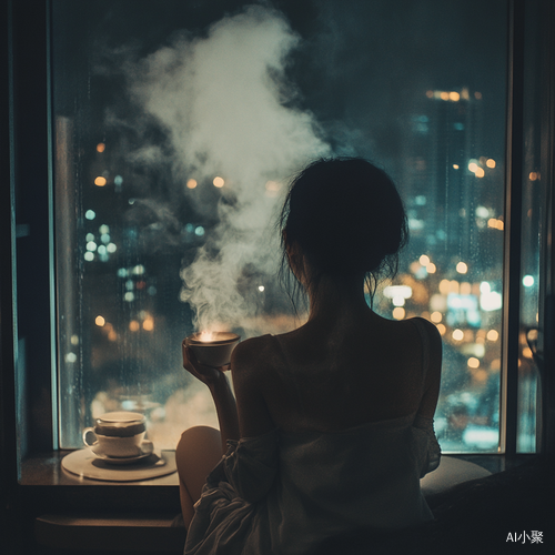 孤独女人在落地窗前喝咖啡的黑夜雨景