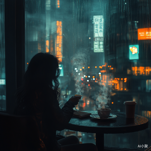 孤独女人在落地窗前喝咖啡的黑夜雨景