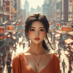 Thank you very much! With an aerial view of the skyline of a modern Chinese city or a bustling street as the background, an independent and beautiful Chinese woman with black hair confidently walks down the street.