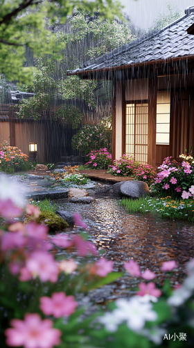 温馨雨中小院五彩鲜花与流淌小河的治愈景象